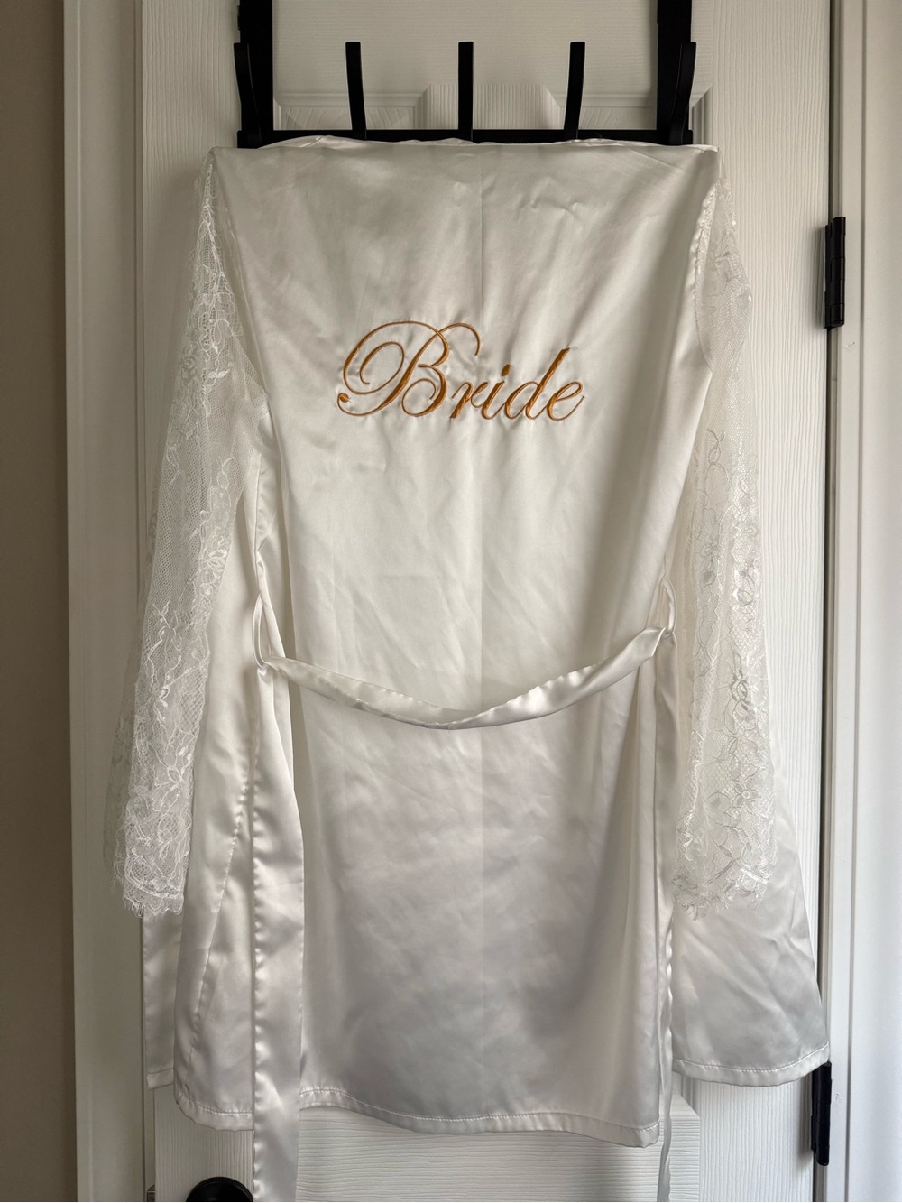 Bride Satin Lace Robe in Ivory with Gold Embroidery